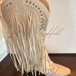 Beige Fringe Heeled Boots